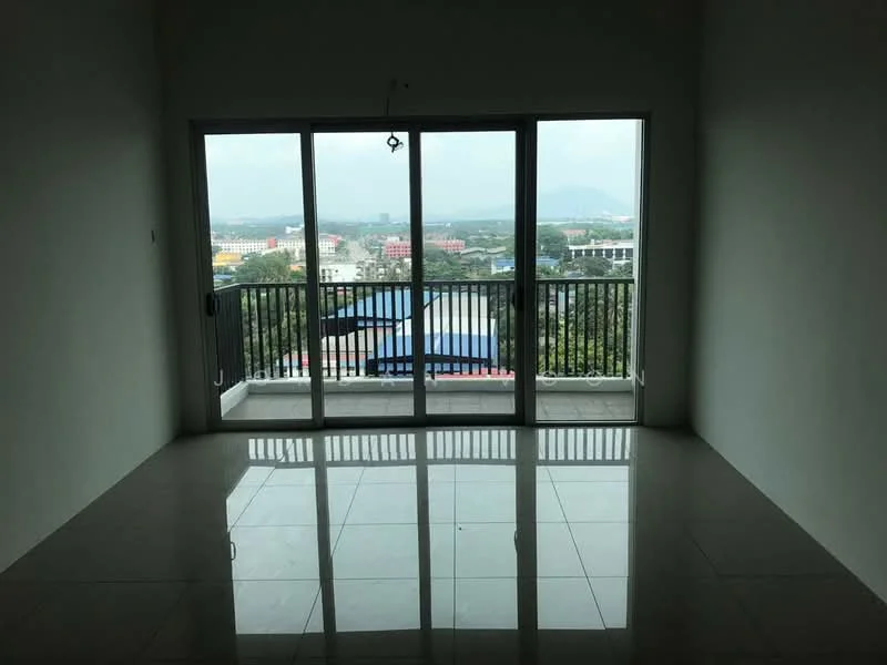 Room features: large sliding glass door, floor-to-ceiling windows, white painted walls, glossy ceramic tile flooring, balcony with railing, city view, natural light from windows; style: modern; view: city.