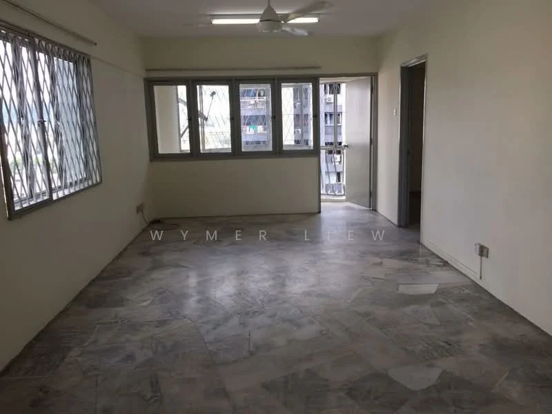 Room features: light-colored painted walls, marble flooring, ceiling fan, multiple windows, window grilles, neutral color scheme, open layout, natural light; style: modern; view: city.