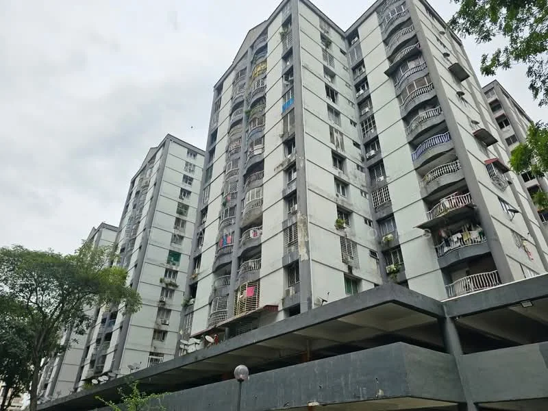 Exterior type: low-rise apartment block; features: grey painted facade, balconies with railings, multiple storeys, exposed concrete structure, surrounded by trees, parking area underneath, laundry hanging on balconies, windows with grills; style: modern.