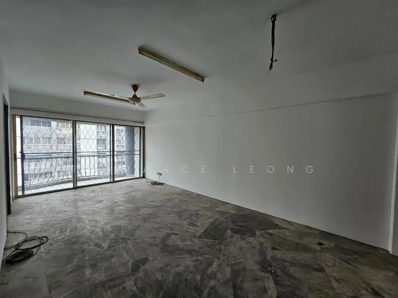 Room features: white painted walls, exposed ceiling with electrical wiring, ceiling fan, large sliding glass door, metal grilles on windows, grey stone flooring, open layout, natural light from windows; style: minimalist.