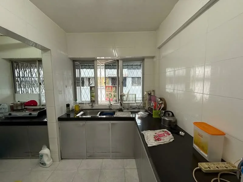 Kitchen features: stainless-steel sink, chrome pull-down faucet, black countertop, grey cabinetry, white tiled walls, ceramic tile flooring, window with security grille, built-in stove, kettle, dishwasher, microwave, storage containers; style: modern.