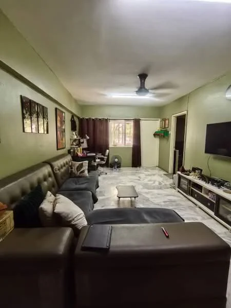 Living features: 3-seater fabric sofa in grey, 2-seater leather sofa, marble tile flooring, green painted walls, ceiling fan, wall-mounted TV, TV console, decorative artwork on walls, curtains, study desk with chair, fan, area rug; style: modern.