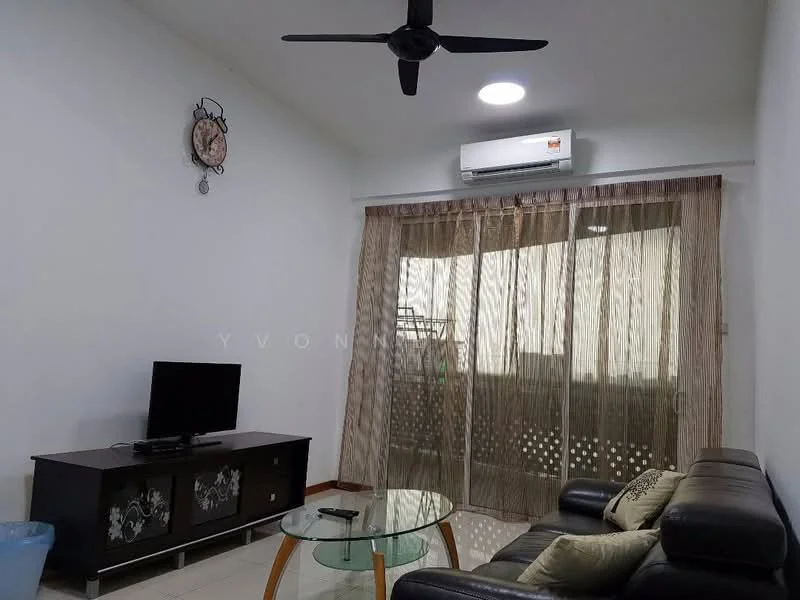 Living features: black leather sofa, coffee table, wall-mounted TV, TV console with decorative design, 5-blade ceiling fan, recessed LED downlight, floor-to-ceiling windows with sheer curtains, air conditioning unit, clock on wall, white painted walls, ceramic tile flooring; style: modern.