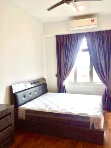 Bedroom features: queen-size bed, upholstered headboard, dark wood bedside table, floor-to-ceiling window, purple curtains, wall-mounted split AC, wooden flooring, ceiling fan, decorative wall, light fixture; style: modern; view: city.