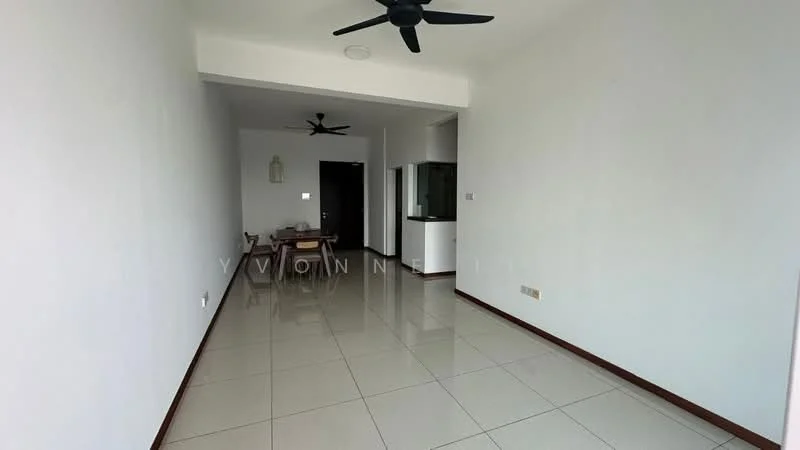 Living features: white painted walls, glossy ceramic tile flooring, 5-blade ceiling fan, dining table with chairs, open layout, large windows, neutral color scheme, recessed lighting; style: modern.