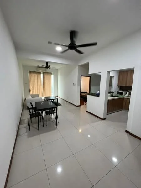 Dining features: dining table with 6 black chairs, white painted walls, ceramic tile flooring, 5-blade ceiling fan, large windows with sheer curtains, natural light from windows, open layout to kitchen, light-colored cabinetry visible in kitchen area; style: modern. Kitchen features: light-colored cabinetry, countertop, kitchen appliances visible, open layout to dining area; style: modern.