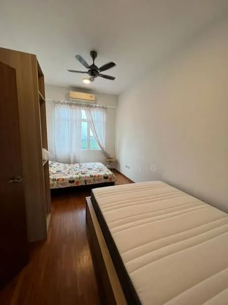 Bedroom features: wooden flooring, white painted walls, 5-blade ceiling fan, floor-to-ceiling window, sheer curtains, two beds, built-in wardrobe, air conditioning unit.
