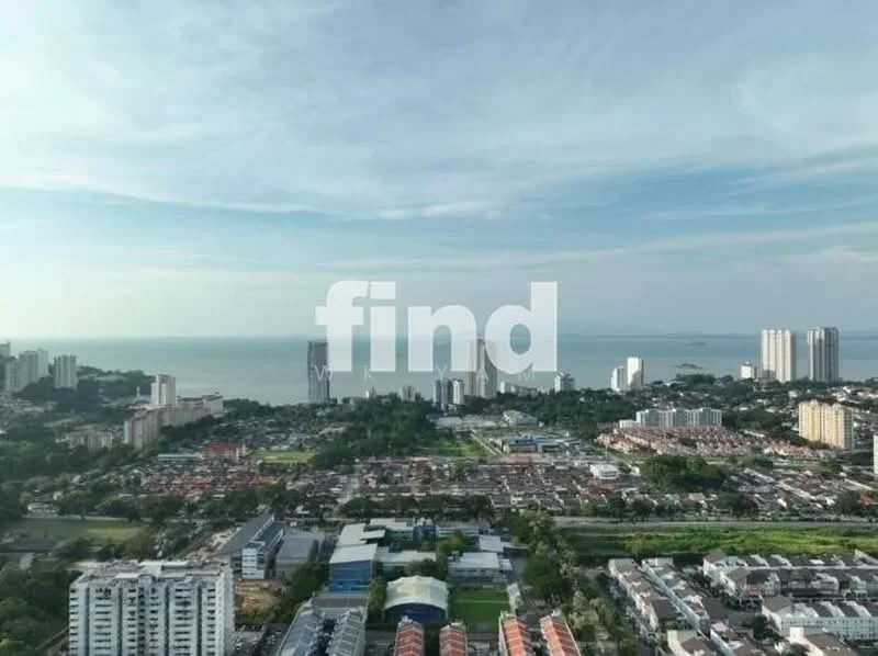 Exterior type: high-rise condominium; features: city skyline view, sea view, surrounded by residential buildings, greenery in foreground, urban landscape, multiple high-rise buildings, mixed-use development, open sky, coastal area; style: modern.