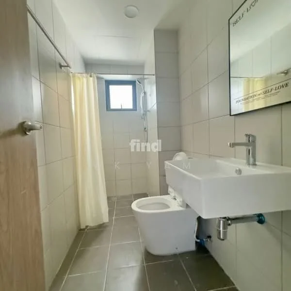 Bathroom features: white wall tiles, grey floor tiles, walk-in shower with glass enclosure, chrome handheld shower, single-sink vanity with wall-mounted cabinet, white basin, one-piece toilet, mirror above sink, curtain for shower area, recessed ceiling light; style: modern.