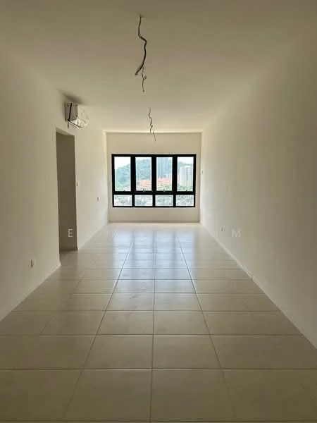 Room features: white painted walls, tile flooring, floor-to-ceiling windows, air conditioning unit, recessed ceiling lights; style: modern; view: city.