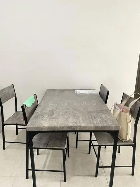 Dining features: rectangular dining table with grey surface, metal frame, 4 dining chairs with grey upholstery, white walls, tile flooring, minimalist design; style: modern.