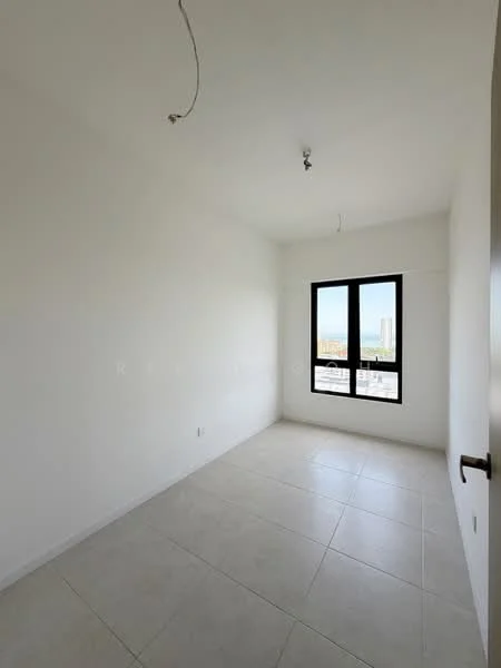 Room features: white painted walls, tile flooring, floor-to-ceiling windows, city view, ceiling lights, no visible furniture, empty room; style: modern; view: city.