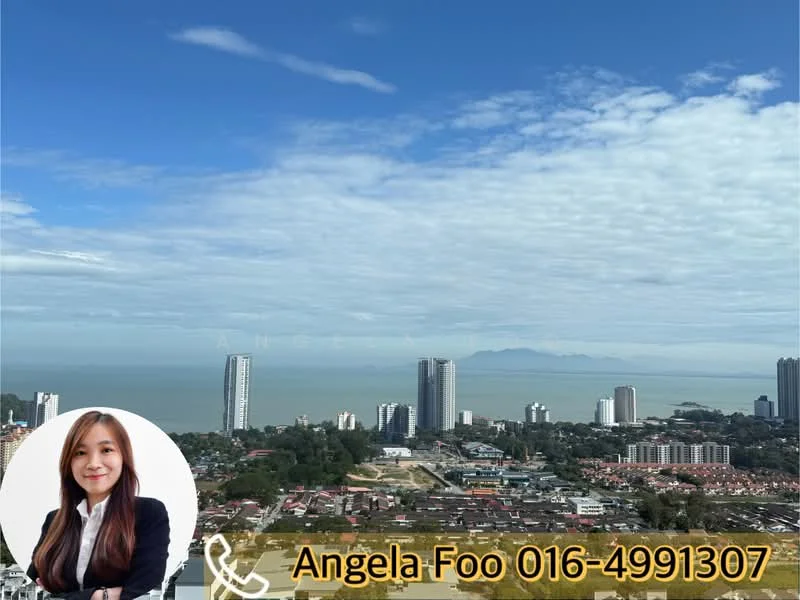 Exterior type: high-rise condominium; features: city skyline view, sea view, multiple high-rise buildings, urban landscape, cloudy sky, greenery in foreground; style: modern.