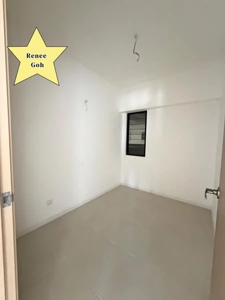 Room features: white painted walls, tile flooring, single window, two ceiling hooks, neutral color scheme.