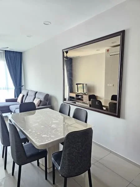 Dining features: 6-seater dining table with marble top, upholstered dining chairs in grey, large framed mirror on wall, white painted walls, tile flooring, recessed ceiling lights, floor-to-ceiling windows with sheer curtains, air conditioning unit on wall; style: modern. Living features: 3-seater fabric sofa in grey, TV console with wall-mounted TV, decorative items on console; style: modern.