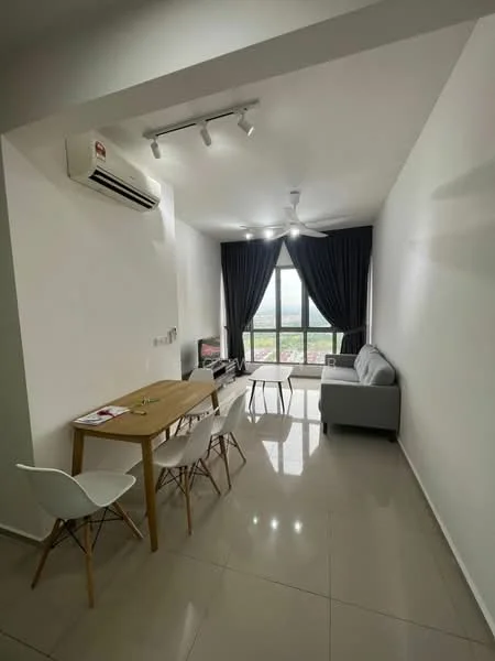 Living features: grey fabric sofa, wood dining table, 4 white dining chairs, floor-to-ceiling windows, blackout curtains, wall-mounted TV, 1 wall-mounted split AC, recessed LED downlights, polished tile flooring, light grey painted walls, decorative wall art; style: modern; view: city.