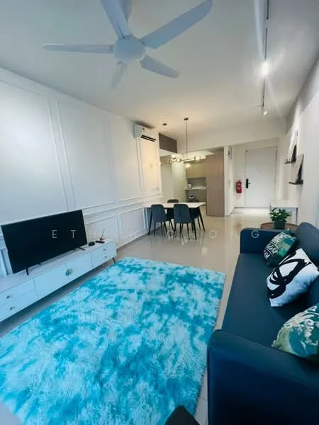 Living features: 3-seater fabric sofa in navy blue, coffee table, wall-mounted TV, area rug with turquoise color, ceiling fan with light, white painted walls with paneling, tile flooring, decorative wall shelf, dining table with chairs visible in background, open layout to kitchen, air conditioning unit; style: modern.