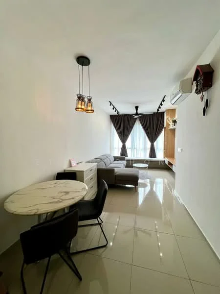 Living features: grey L-shape sectional sofa, marble-top coffee table, 2-seater dining table with black chairs, white sideboard, floor-to-ceiling windows with sheer curtains, recessed LED downlights, pendant light fixture with glass shades, polished ceramic tile flooring, wall-mounted air conditioning unit, decorative wall shelf; style: modern.