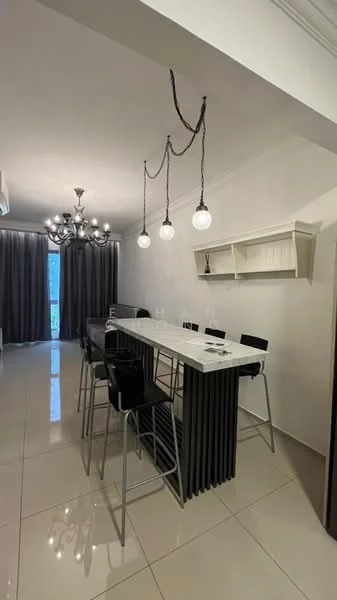 Dining features: rectangular dining table with white countertop, 6 black metal dining chairs, chandelier with multiple bulbs, pendant lights hanging above the table, grey curtains, white painted walls, polished ceramic tile flooring, open shelving unit on the wall; style: modern.
