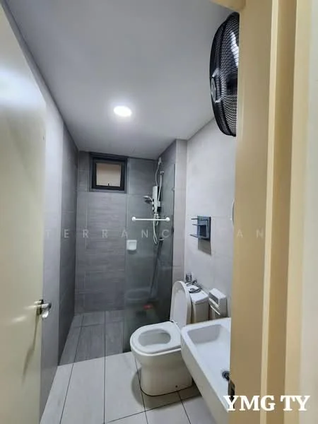 Bathroom features: grey tiled walls, light grey tiled flooring, walk-in shower with glass enclosure, rain shower head, handheld shower, toilet, single-sink vanity with white cabinet, mirror above sink, exhaust fan, window for natural light, recessed ceiling lights; style: modern.