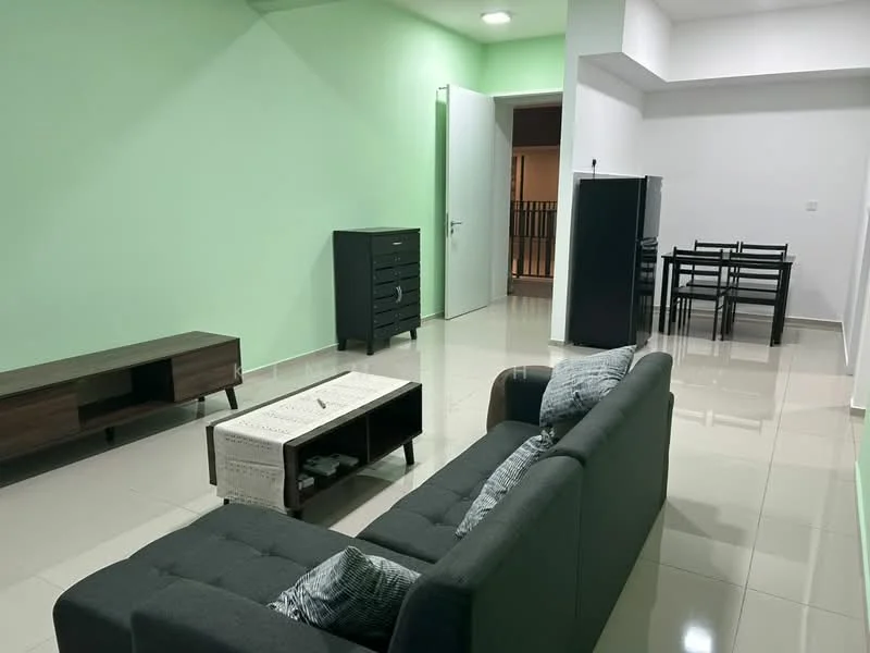 Living features: light green painted walls, glossy ceramic tile flooring, 3-seater fabric sofa in dark grey, coffee table with storage, TV console, black dresser, black dining table with chairs, refrigerator, ceiling light; style: modern.