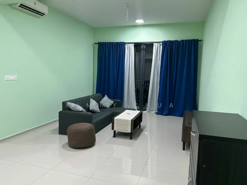 Living features: light green painted walls, white ceiling, glossy ceramic tile flooring, 3-seater fabric sofa in dark grey, decorative cushions, round brown ottoman, coffee table with white top and wooden legs, TV console, floor-to-ceiling sliding glass door, blue and white curtains, wall-mounted split AC; style: modern; view: city.