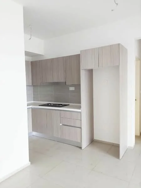Kitchen features: light wood cabinetry, white countertop, built-in gas stove, grey tile backsplash, open shelving, floor-to-ceiling cabinetry, neutral wall colour, ceramic tile flooring; style: modern.