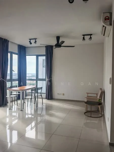Living features: floor-to-ceiling windows, grey curtains, 5-blade ceiling fan with light, recessed LED downlights, dining table with four chairs, light-coloured wall, polished ceramic tile flooring, wall-mounted air conditioning unit, decorative chair, small potted plant; style: modern; view: city.