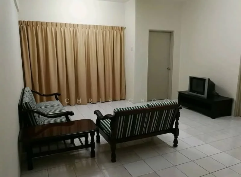 Living features: white painted walls, glossy white tile flooring, curtains in beige, 2-seater wooden sofa with green and white stripes, 3-seater wooden sofa with green and white stripes, wooden coffee table, small wooden TV console, CRT television, door leading to another room.