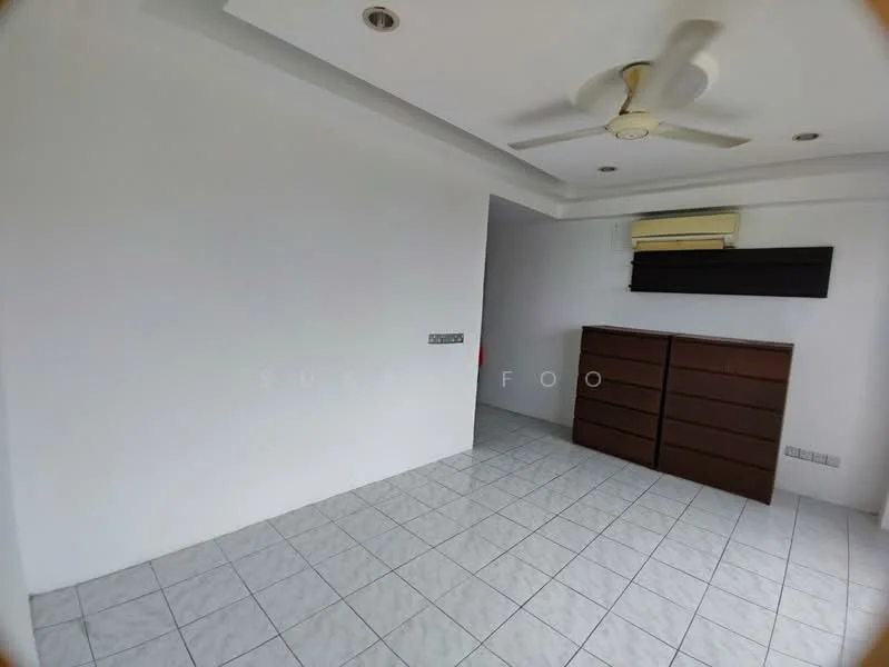 Room features: white painted walls, ceiling with recessed lighting, 5-blade ceiling fan, wall-mounted split AC, tile flooring, built-in wooden wardrobe, neutral color scheme; style: modern.