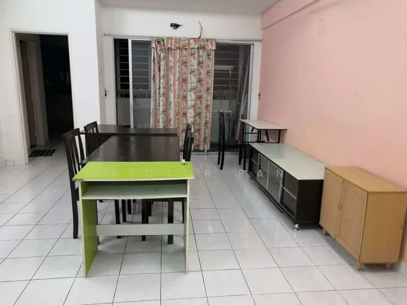 Dining features: white tiled flooring, pink painted walls, floor-to-ceiling windows, curtains with floral pattern, dining table with black surface, 6 dining chairs, sideboard with drawers, small table with green surface.