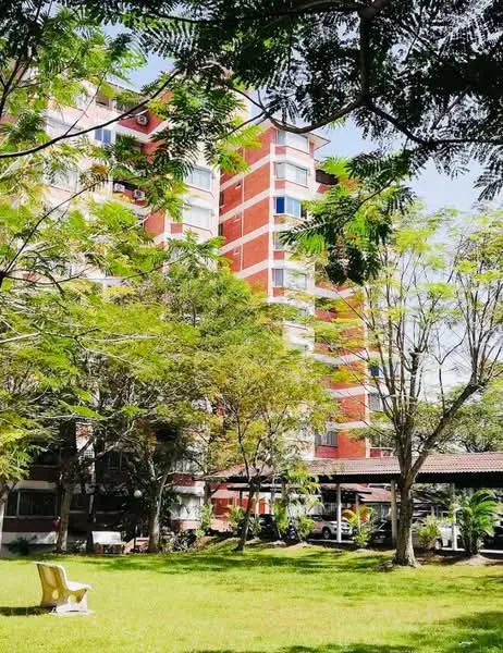 Exterior type: mid-rise condominium; features: red brick facade, glass windows, surrounded by mature trees, manicured lawn, covered parking area, outdoor seating area; style: modern.