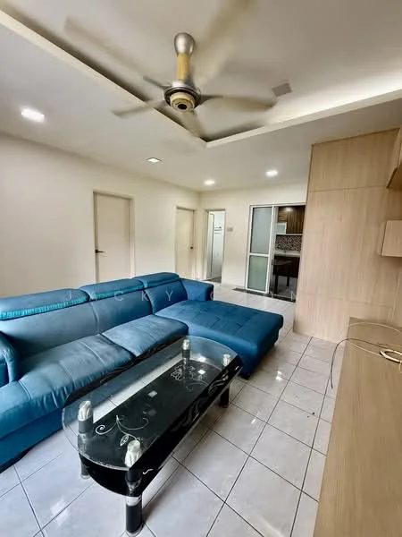 Living features: blue fabric sectional sofa, glass coffee table with black base, white tiled flooring, ceiling fan with light, recessed ceiling lights, wooden feature wall, sliding glass door, neutral painted walls; style: modern.