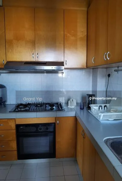 Kitchen features: wood cabinetry in light brown, grey countertop, built-in gas stove with 4 burners, built-in oven, stainless-steel sink, white tiled backsplash, dish rack, kitchen utensils, wall-mounted range hood, under-cabinet lighting, floor tiles in white, electrical outlet; style: modern.