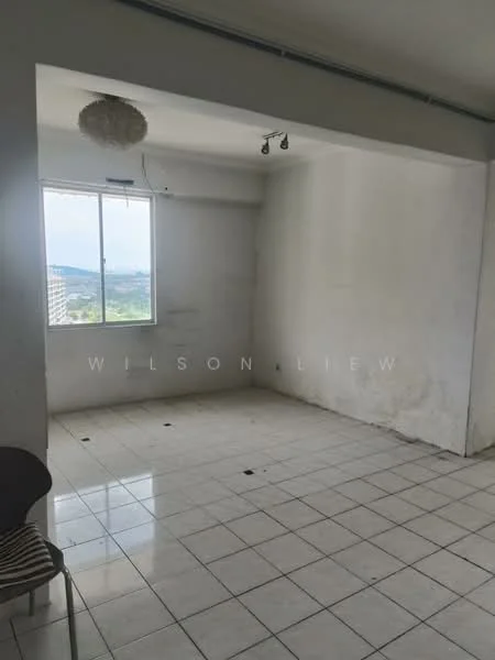 Room features: white painted walls, tile flooring, large window with city view, ceiling light fixture, no visible furniture, empty space; view: city.
