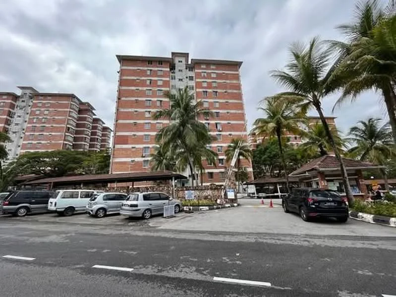 Exterior type: mid-rise condominium; features: red brick facade, flat roof, approximately 8-storey, manicured landscaping, palm trees, open-air parking lot, covered entrance, security guard house at entrance; style: modern.