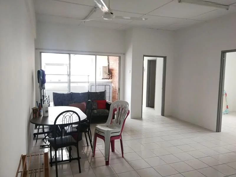 Living features: white painted walls, tile flooring, ceiling fan, sofa with cushions, dining table with chairs, large windows, natural light, open layout. Room features: doorway to adjacent rooms, neutral color scheme.