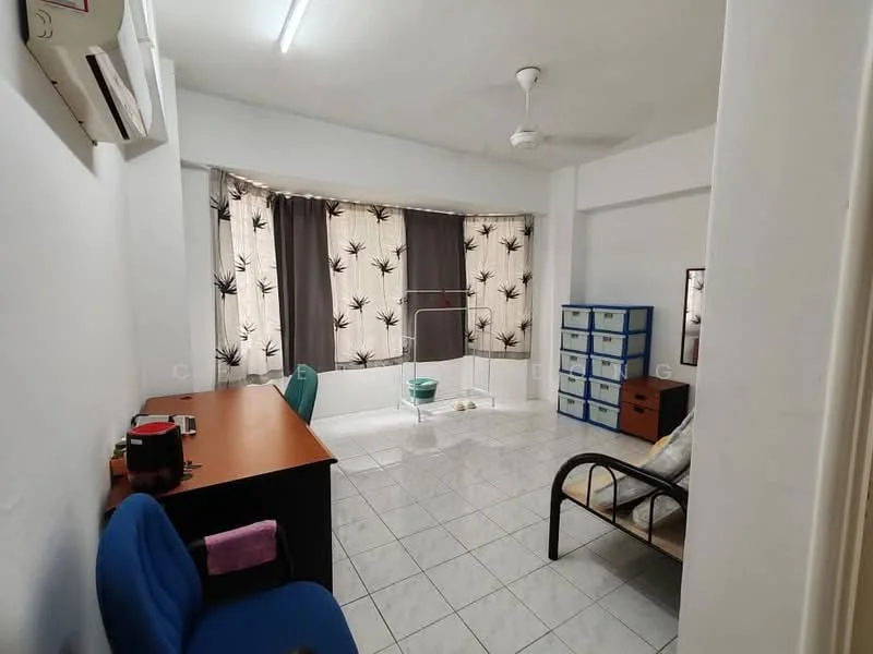 Room features: white painted walls, tiled flooring, ceiling fan, large windows with sheer curtains, wooden chair, desk with storage, blue upholstered chair, plastic storage drawers, clothes drying rack; style: minimalist.