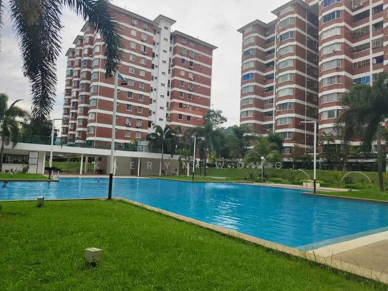 Exterior type: mid-rise condominium; features: swimming pool, manicured lawn, palm trees, landscape garden, multiple residential buildings, outdoor lighting, pool deck, water feature; style: modern.