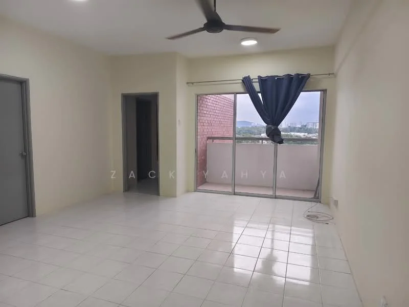 Living features: white painted walls, ceramic tile flooring, 5-blade ceiling fan, sliding glass door, floor-to-ceiling windows, curtain, natural light, balcony view; view: city. Room features: white painted walls, ceramic tile flooring, doorway leading to another room.