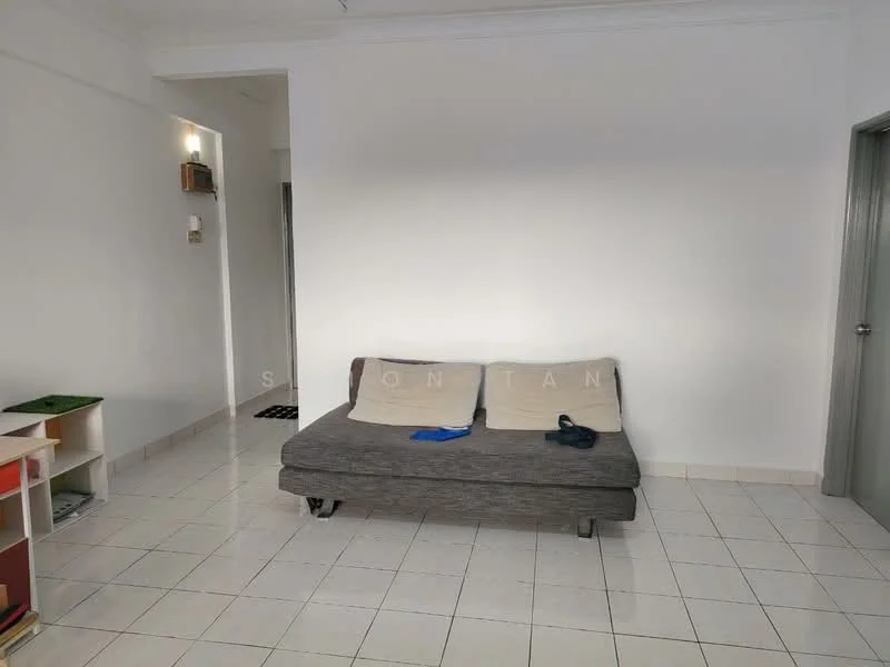 Living features: grey fabric sofa, white walls, white tiled flooring, recessed lighting, doorway to hallway, small bookshelf, decorative cushions, neutral color scheme; style: minimalist.
