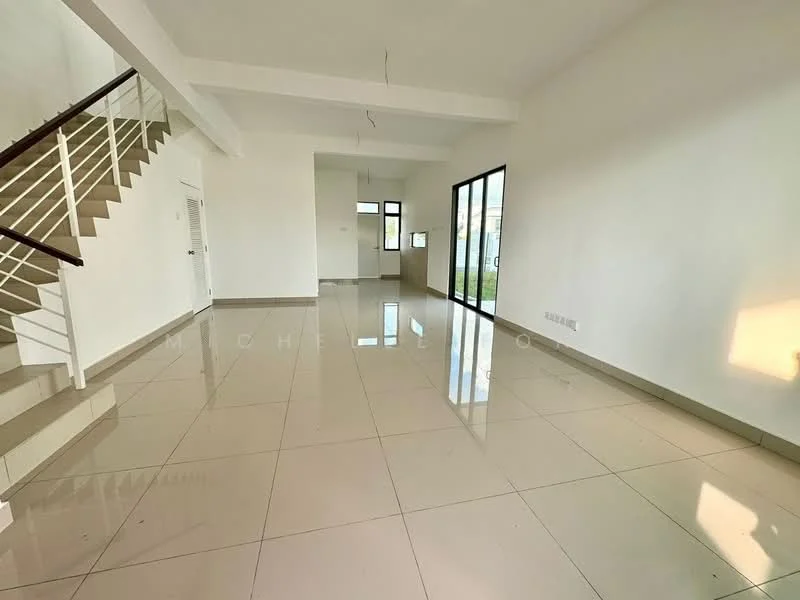 Living features: white painted walls, polished ceramic tile flooring, exposed ceiling beams, large floor-to-ceiling windows, sliding glass door, natural light, open layout, staircase with metal railing; style: modern; view: garden.