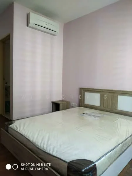 Bedroom features: queen-size bed, wood headboard, wall-mounted split AC, light pink painted walls, wooden flooring, window with blinds; style: modern.