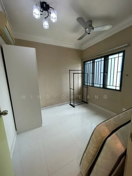 Bedroom features: white painted walls, glossy tile flooring, 5-blade ceiling fan with light, window with metal grille, built-in wardrobe, clothes rack, queen-size bed, decorative light fixture; style: modern.