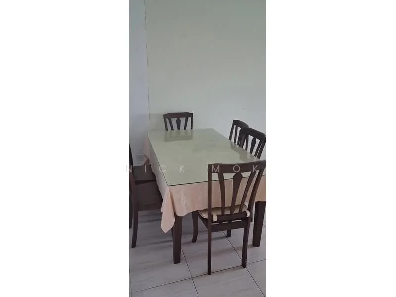 Dining features: glass dining table, 4 wooden dining chairs, tablecloth, light-colored walls, tile flooring; style: modern.