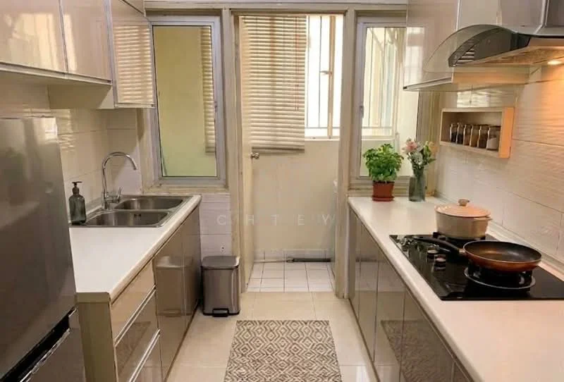 Kitchen features: white glossy cabinetry, stainless-steel double-bowl sink, chrome pull-down faucet, granite countertop, ceramic tile backsplash, built-in oven, 4-burner gas hob, stainless-steel range hood, recessed LED downlights, window with blinds, floor tiles, kitchen rug, potted plant on countertop; style: modern.