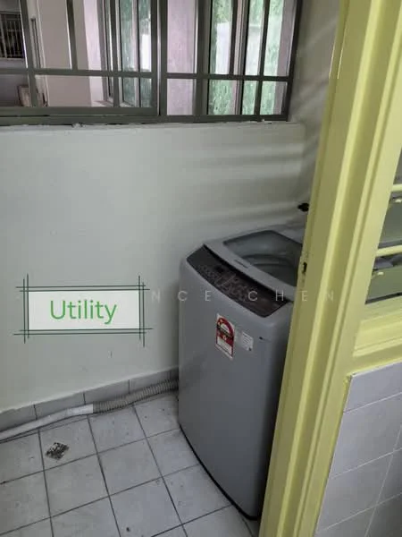 Laundry features: top-load washing machine, white tiled flooring, light green painted walls, window for natural light, utility area, drainage pipe, space for additional storage.