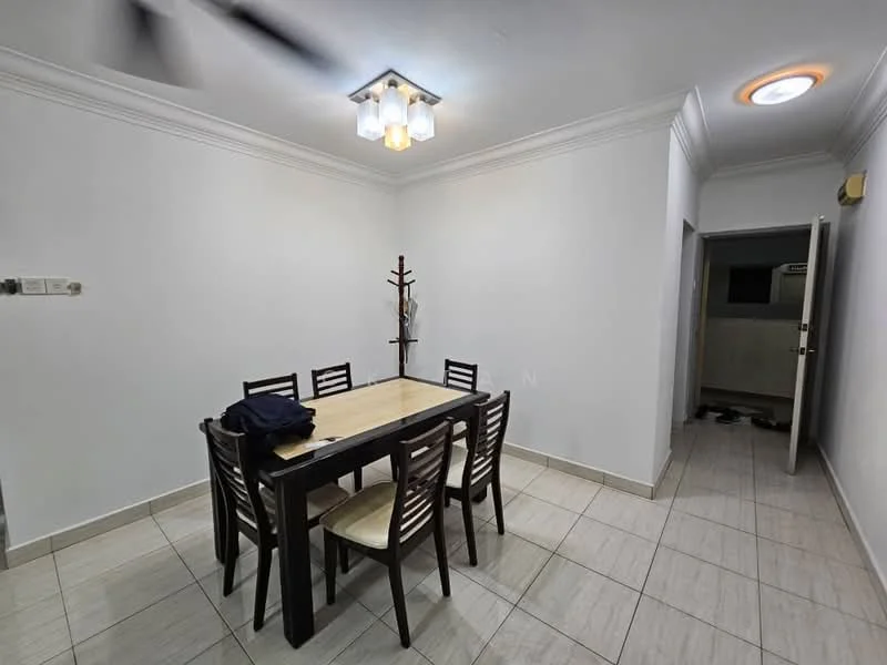 Dining features: dining table with six chairs, white painted walls, tile flooring, ceiling light fixture with multiple bulbs, ceiling fan, crown moulding, decorative wall tree, doorway leading to another room; style: modern.