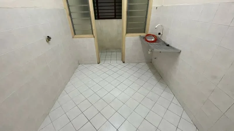 Laundry features: white tiled walls, white tiled flooring, grey countertop, single-bowl stainless-steel sink, wall-mounted faucet, two windows with glass panes, light fixture on ceiling.