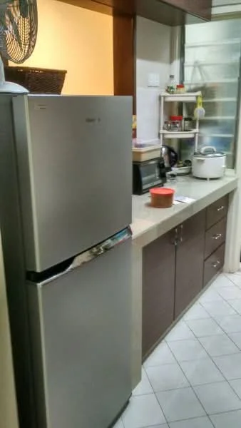 Kitchen features: stainless-steel fridge, granite countertop, wood cabinetry, built-in microwave, kettle, rice cooker, ceramic tile flooring, wall-mounted fan; style: modern.